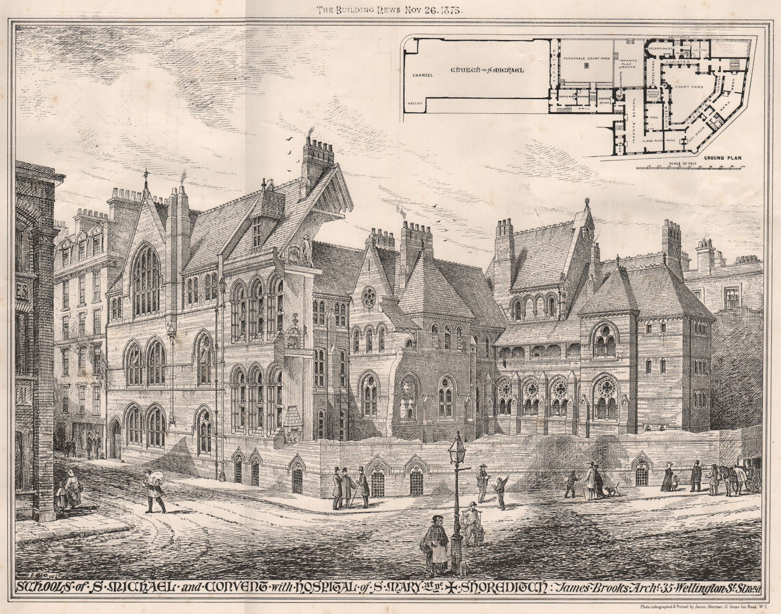 Schools of St Michael & Convent with Hospital of St. Mary at ne, Shoreditch 1875